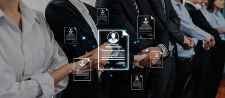 Concept of global talent acquisition and hiring. Human resources department reviewing candidate curriculum vitae and resumes for a job search and workforce selection process.の写真素材