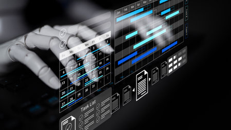 A robotic hand navigates a digital project management interface on a sleek touchscreen, illustrating modern task organization and productivity tools in technology.の写真素材