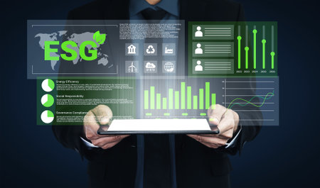 A businessman presents a digital tablet displaying ESG data, highlighting metrics on environmental responsibility and corporate sustainability focusing on green initiatives.の写真素材