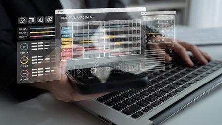 Smart project management dashboard visualizes timelines, monitors progress, and enhances workflow coordination to improve project efficiency, organization, and overall productivity. Parseの写真素材