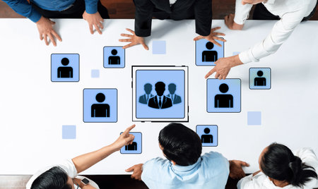 Concept of human resources and organizational structure. A professional team is shown within a corporate network, representing management, leadership, and collaboration.の写真素材