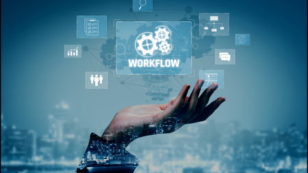 Workflow optimization concept featuring interconnected gears, task management, collaboration, process mapping, review, and automation for business productivity and efficiencyの写真素材