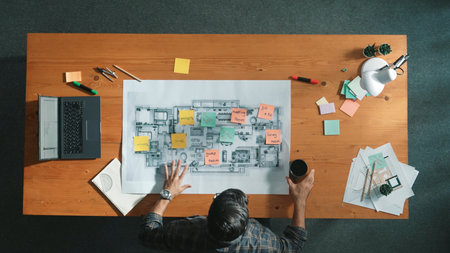Top down view of skilled project manager hold project plan and open at meeting table. Aerial view of business people holding blueprint and thinking and planning about house construction. Symposium.の写真素材