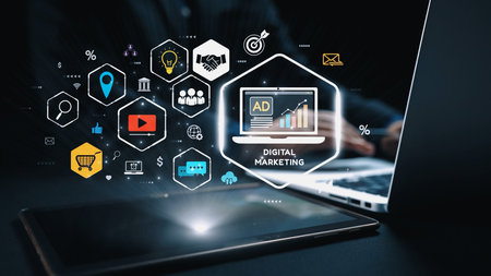 Online ads and digital marketing help brands grow. Content marketing builds engagement. Marketing tools boost ROI. Effective ads and marketing drive online business success.の写真素材
