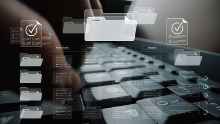 Project management system showing workflow stages, task progress, and review status. Task progress tracks completion, task progress improves workflow, and task progress ensures visibility.の写真素材