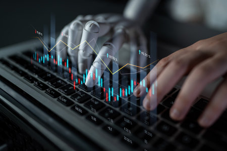 A robot hand interacts with financial data while a user types on a laptop, showcasing the fusion of...