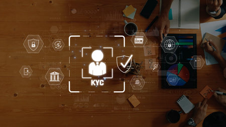 A group of business professionals collaborate on the Know Your Customer (KYC) process with a digital...