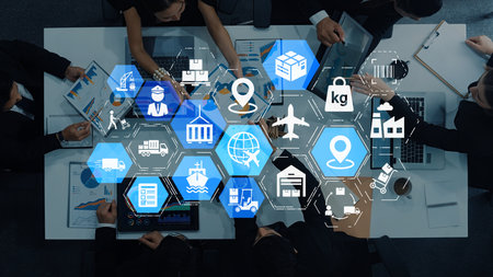 Global shipping icons show transport, logistics, and cargo delivery. Global shipping connects supply chain, global shipping management, and worldwide goods distribution.の写真素材