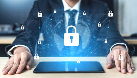 A businessman in a suit oversees a cybersecurity system featuring digital locks and a global...
