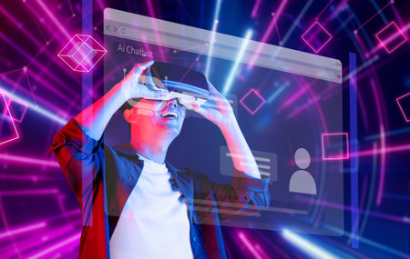 A person enjoys an immersive interaction with a virtual reality chatbot in a vibrant digital...