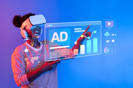 A creative individual interacts with virtual marketing analytics in a vibrant digital environment, showcasing the innovative use of technology in social media advertising.の写真素材
