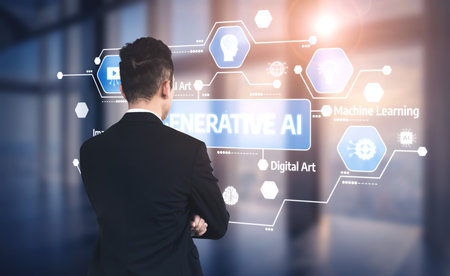 A businessman stands in a modern office environment, engaging with a digital interface that showcases generative AI, machine learning technologies, and digital art advancements. Tesselの写真素材