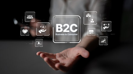 B2C strategy focus on delivery products directly to consumer. Successful B2C model enhance consumer engagement, streamline B2C logistics, and boost consumer satisfaction through digital retail.の写真素材