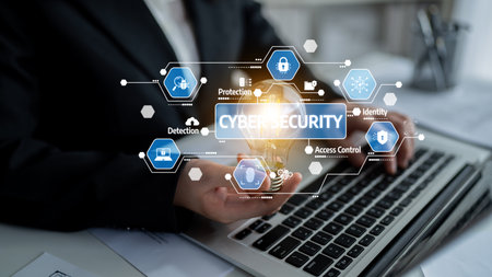 A professional hand showcases a cyber security concept, surrounded by icons. This image emphasizes...
