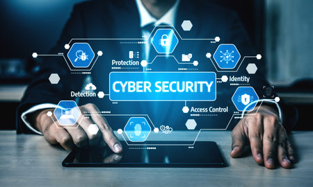 A professional man in a suit uses a tablet to display cyber security graphics and icons, emphasizing...