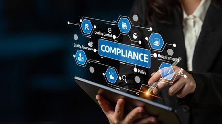 A business professional interacts with a tablet, managing compliance and quality control effectively, highlighting modern strategies in a digital workspace environment. Tesselの写真素材