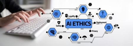 This image features the concept of AI ethics, highlighting important aspects such as legality,...
