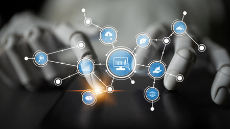 A robotic hand interacts with digital icons, symbolizing advanced technology and data analytics...