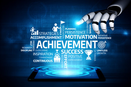 A futuristic robot hand showcases a range of motivational words on a tablet screen, symbolizing achievement, success, and the journey toward personal growth in a digital world.の写真素材