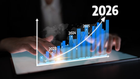 A sleek digital graph illustrates business growth from 2023 to 2026, showcasing hands interacting...