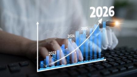 A detailed analysis of growth trends projected from 2023 to 2026, showcasing a digital graph and keyboard, illustrating business and financial planning insights. Tesselの写真素材