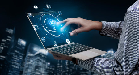 A concept of a global AI ecosystem centered on digital intelligence. Network integrates diverse...