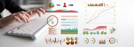 A collection of data visualization elements featuring various charts and graphs that illustrate...