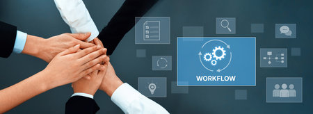 Hands unite in synergy to symbolize teamwork and collaboration, enhanced by digital icons...