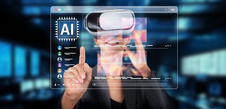 A futuristic setting illustrating a person engaging with a virtual reality interface, highlighting...