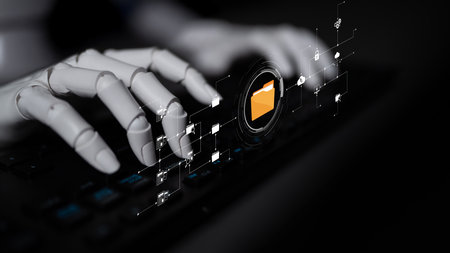 AI artificial intelligence assists digital folder management with smart sorting, cloud structure analysis, and virtual assistant access for workflow efficiency.の写真素材