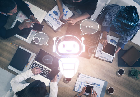 AI chatbot virtual assistant interacting with users through AI conversation bubbles, symbolizing AI...