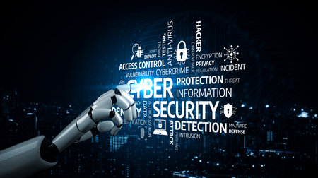 A robotic hand points to various cyber security terms in a digital landscape, symbolizing the...