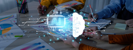 Concept of artificial intelligence and machine learning. A central processor transfers information to a cloud brain, representing a global neural network and deep learning.の写真素材