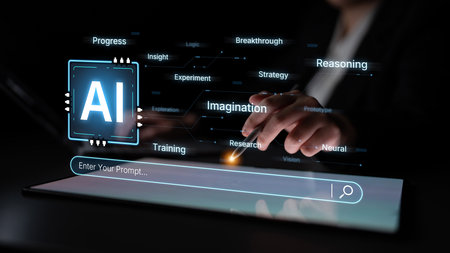 A concept of cognitive AI that highlights its creative and strategic processes. The system uses imagination, reasoning, and research to generate new ideas and strategies from user prompts.の写真素材