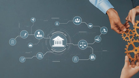 This image showcases hands holding gears while interacting with digital icons symbolizing legal and...