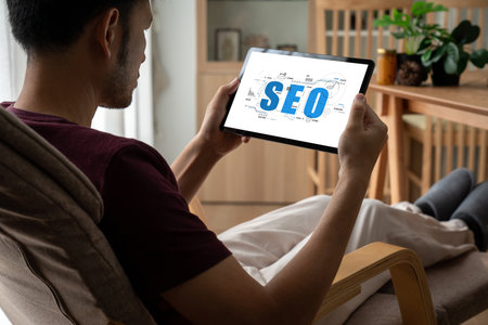 SEO search engine optimization for modish e-commerce and online retail business showing on computer...