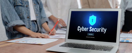 Cyber security system on computer screen protect private information brisk from hacker and cyber...