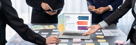 Analyst team use sticky note for creative and analytic brainstorm for business idea with data...