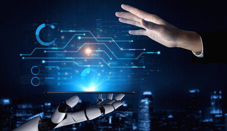AI assistant presenting a business strategy workflow on a futuristic dashboard. The system provides...