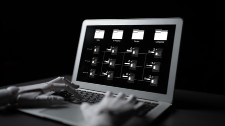 AI managing task workflow system, tracking document progress, analyzing productivity levels, and...