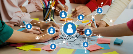 Diverse individuals collaborate actively in a modern workspace, surrounded by colorful notes and...