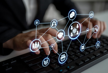 People networking and digital community with teamwork, partnership, collaboration and connection...