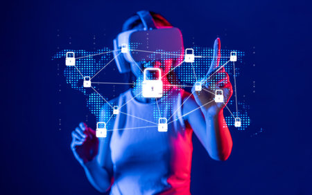 A business professional engages with virtual reality technology to explore cybersecurity concepts...