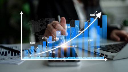 A professional setting showcasing a hand analyzing a growth chart, illustrating upward trends in...