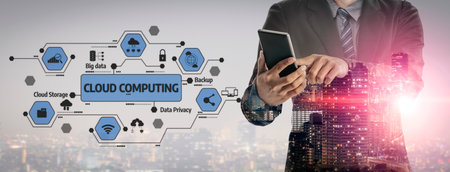 A business professional engages with cloud computing icons while exploring data privacy and big data...