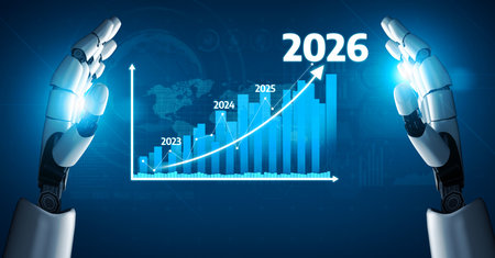 A futuristic image featuring robotic hands showcasing a growth chart from 2023 to 2026. The visual...