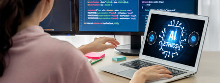 AI ethics responsibility standard law and rules on computer screen provide report of AI ethic...