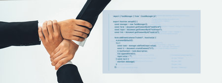 A powerful visual representation of teamwork, showcasing hands coming together over code in a modern...