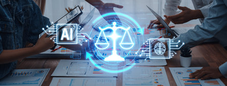 Modern workspace illustrating collaboration in legal technology, emphasizing artificial...