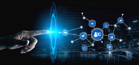 A futuristic concept of digital interaction featuring a hand reaching out to connect with technology...